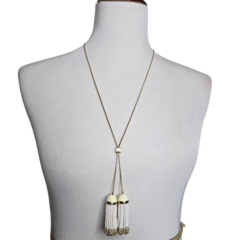 Talbots Double Adjustable Slider Tassle Chain Pendant Necklace Gold White Cream